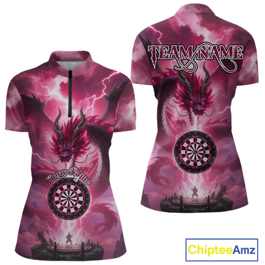 Custom Lightning Pink Thunder Dragon Dartboard 1/4-Zip Dart Shirt For Women, Darts Team Jersey NYN1013