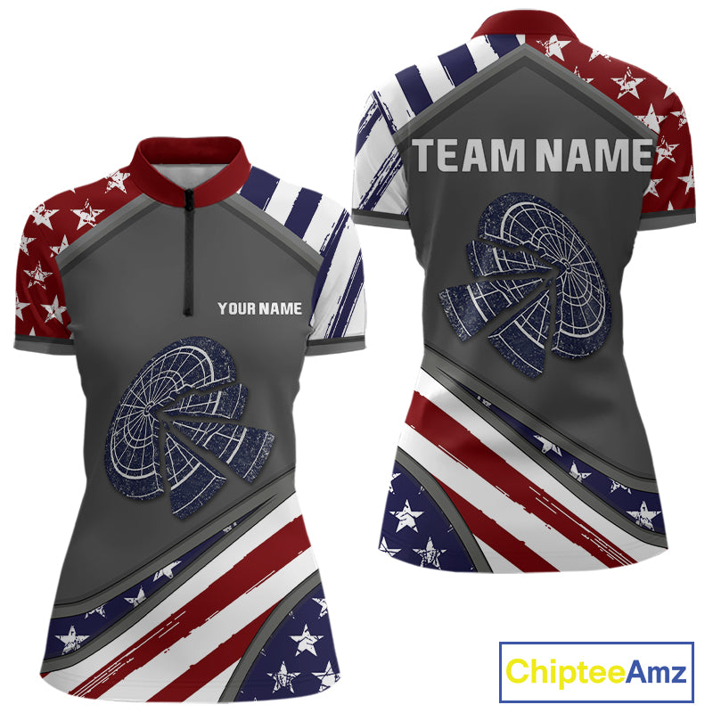 US Flag Cracked Dartboard Custom Darts Quarter-Zip Shirt For Women - Darts Team Jersey NYN0728