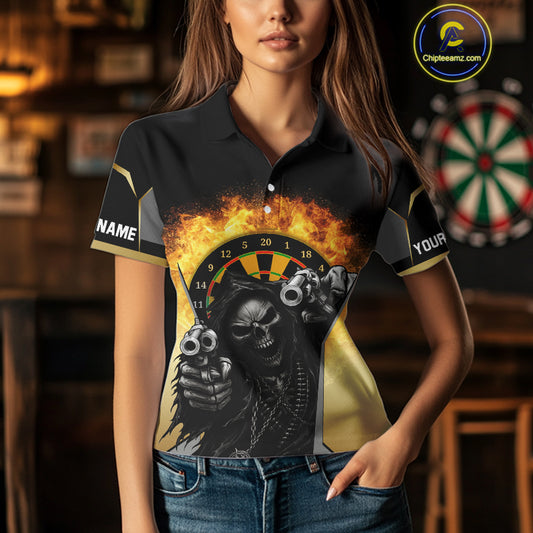Skeleton & Flame Dartboard Custom Darts Polo Shirt For Women - Darts Team Jersey NYN0731