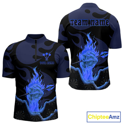 Custom Blue Flaming Dart Arrow Polo & 1/4-Zip Darts Shirts Outfit Darts Jersey For Men NYN1051