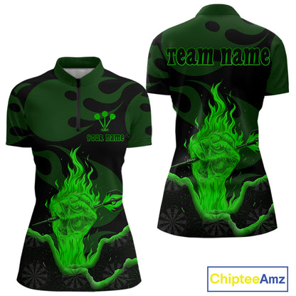 Custom Green Flaming Dart Arrow Polo & 1/4-Zip Darts Shirts Outfit Darts Jersey For Women NYN1052