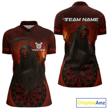 Load image into Gallery viewer, Custom Red Flames Skeleton Dartboard Dart 1/4-Zip Shirt For Women Dart Tournament Jerseys NYN1409