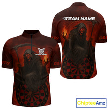 Load image into Gallery viewer, Custom Red Flames Skeleton Dartboard Dart 1/4-Zip Shirt For Men Dart Tournament Jerseys NYN1409