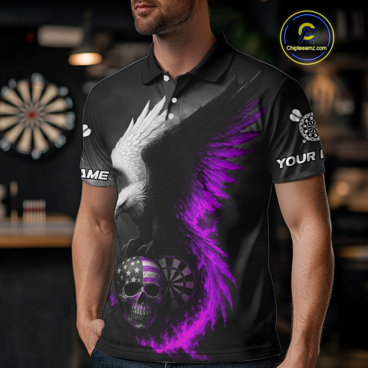 Custom Patriotic Dart Shirt For Men Personalized Skull Purple Eagle Dart Team Jerseys NYN1061
