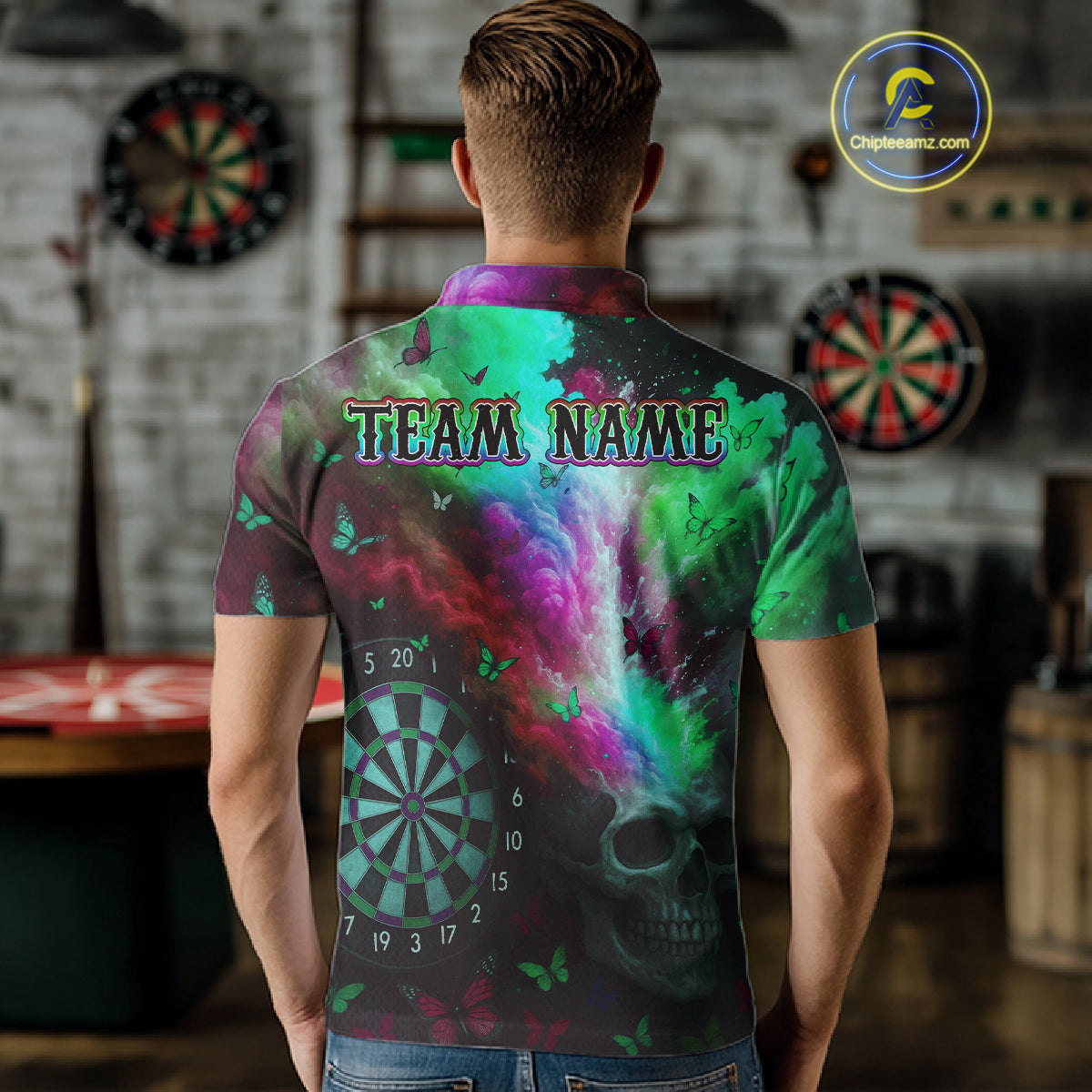 Custom Colorful Smoke Skull Dartboard Men Dart Shirt Outfits Butterflies Dart Jerseys NYN1064