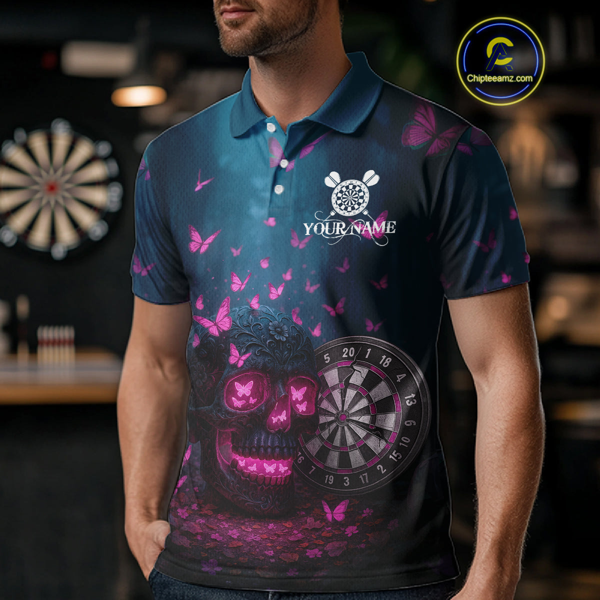 Custom Blue And Pink Butterflies Skull Dart Shirt For Men Romantic Darts Team Jerseys NYN1070