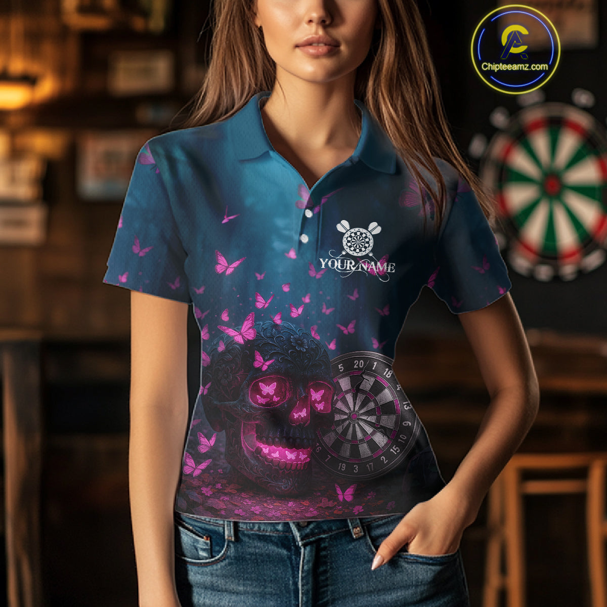Custom Blue And Pink Butterflies Skull Dart Shirt For Women Romantic Darts Team Jerseys NYN1070