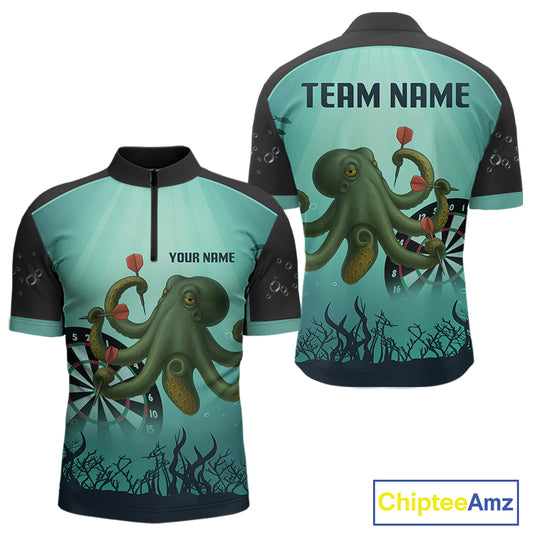 Custom Men's Darts 1/4-Zip Jersey Green Octopus Play Dart Arrows For Darts Team NYN0767