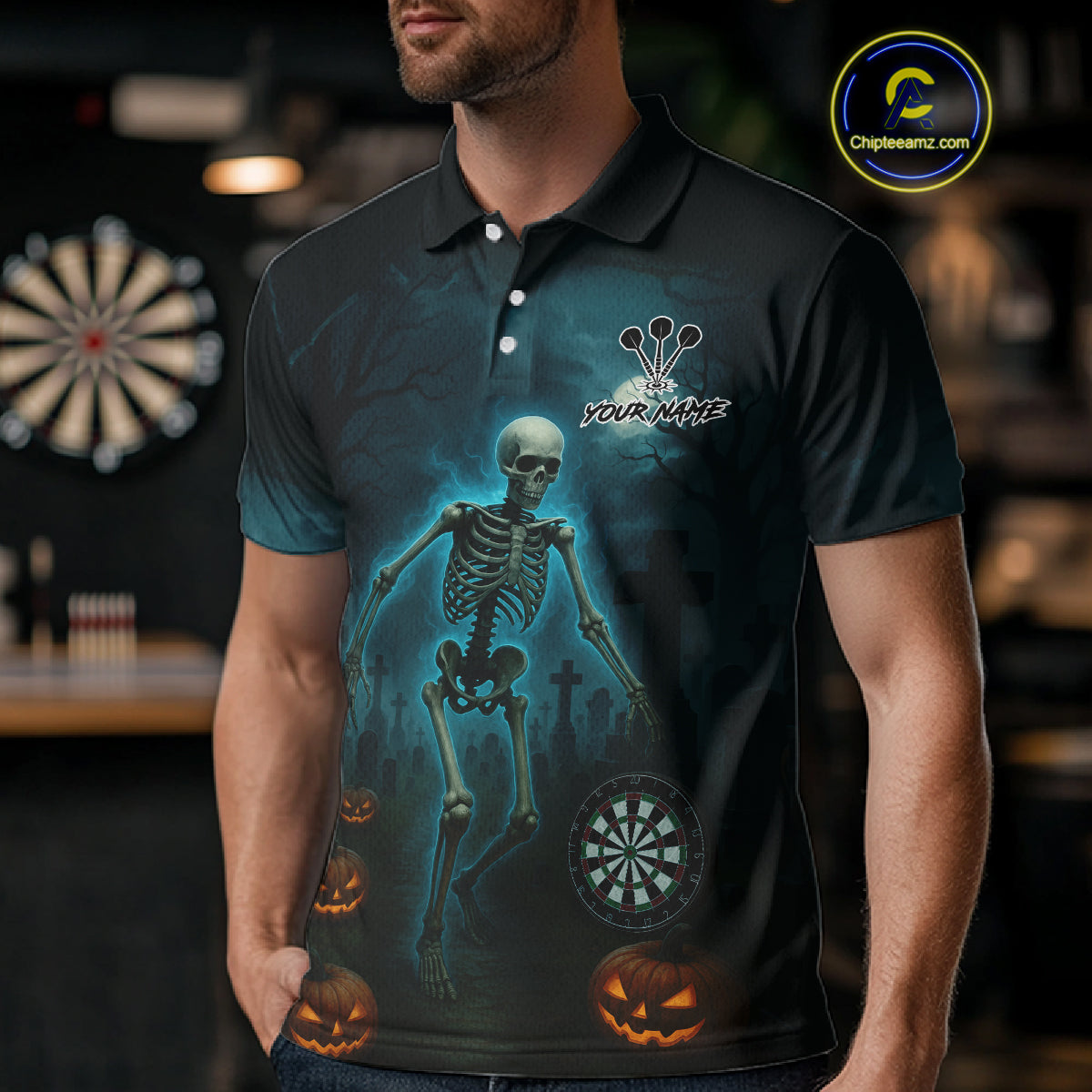 Custom Black And Blue Skull Halloween Darts Shirt For Men Outfits Skull Darts Jersey NYN1086