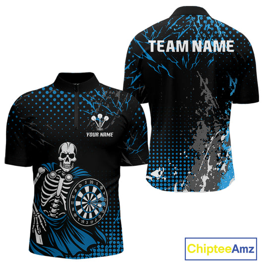 Black Blue Dartboard Skeleton Grunge Men's Darts Shirt - Custom Name For Players NYN0567