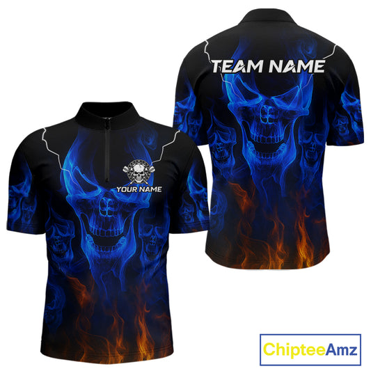 Custom Men's Darts Quarter-Zip Jersey Flaming Blue Skull Dartboard For Darts Team NYN0773