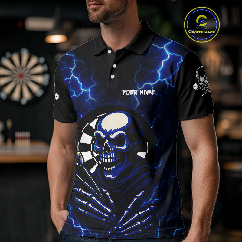 Thunder Lightning Skeleton Dartboard Blue Darts Shirt For Men - Custom Name & Team  NYN0591