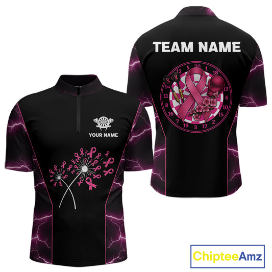 Lightning Pink Ribbons Dartboard Darts Shirt For Men - Custom Name & Team Jersey NYN0601