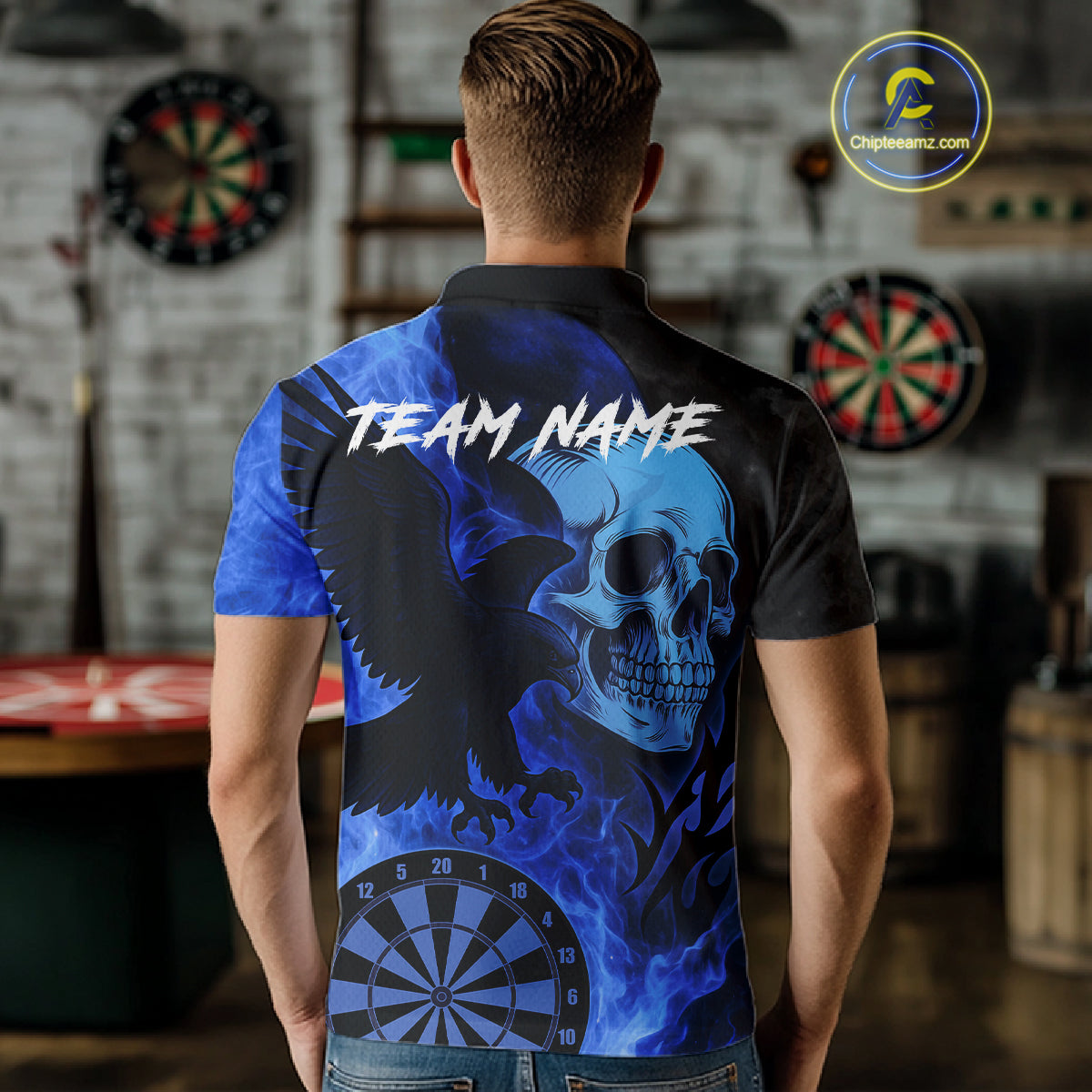 Darts Shirt For Men Personalized Flame Eagle Dartboard Dart Team Jerseys | Blue NYN1156