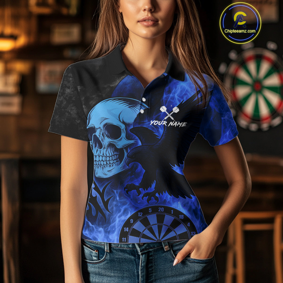 Darts Shirt For Women Personalized Flame Eagle Dartboard Dart Team Jerseys | Blue NYN1156