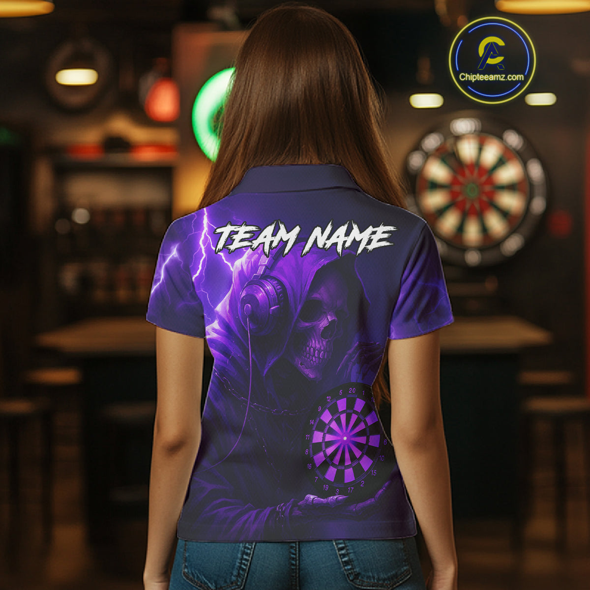 Custom Funny Skull Darts Shirt For Women Personalized Purple Dartboard Dart Team Jerseys NYN1159