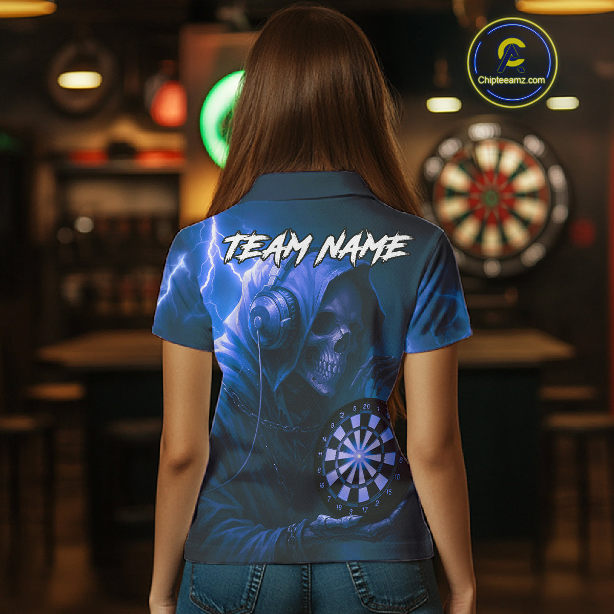 Custom Funny Skull Darts Shirt For Women Personalized Blue Dartboard Dart Team Jerseys NYN1160