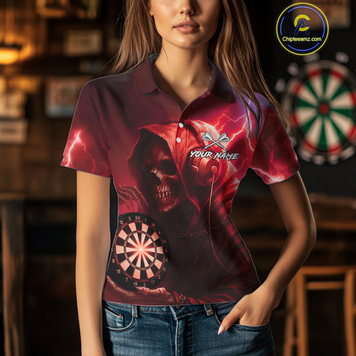 Custom Funny Skull Darts Shirt For Women Personalized Red Dartboard Dart Team Jerseys NYN1161