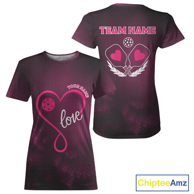 Custom Romantic Pickleball T-Shirt For Women Pink Love Heart Pickleball Couple Shirts NYN1196