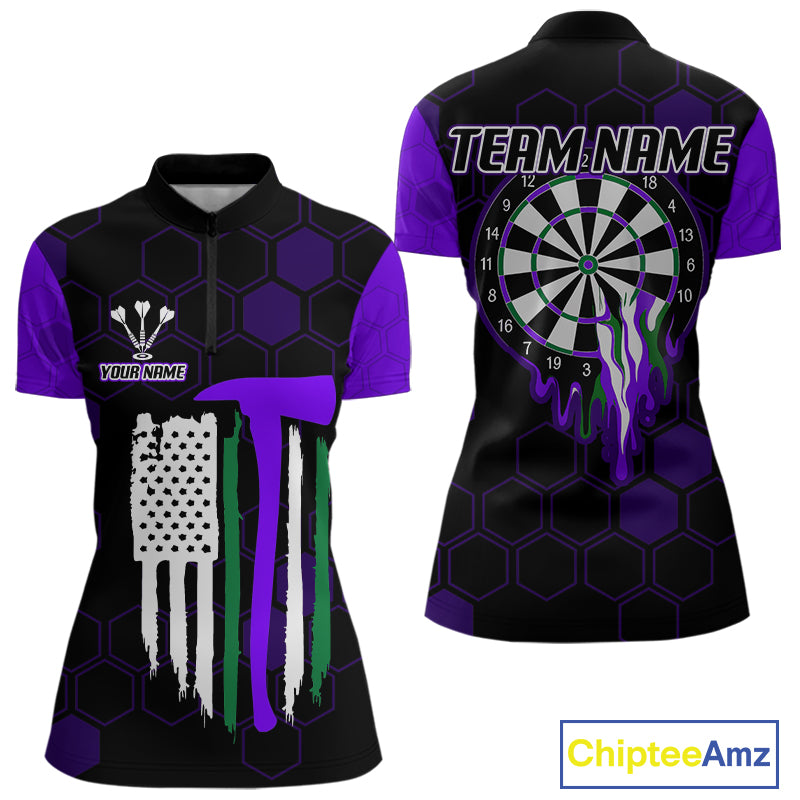 Purple Dripping Dartboard & US Flag Women's Darts 1/4-Zip Shirt - Custom Name For Dart Players NYN0801