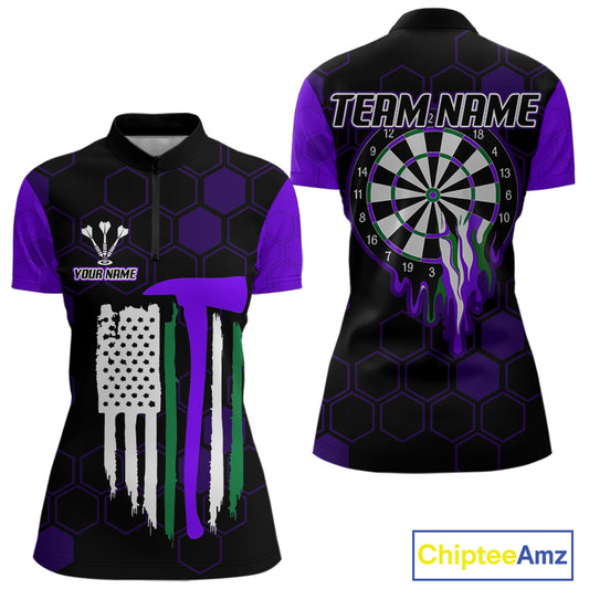 Purple Dripping Dartboard & US Flag Women's Darts 1/4-Zip Shirt - Custom Name For Dart Players NYN0801