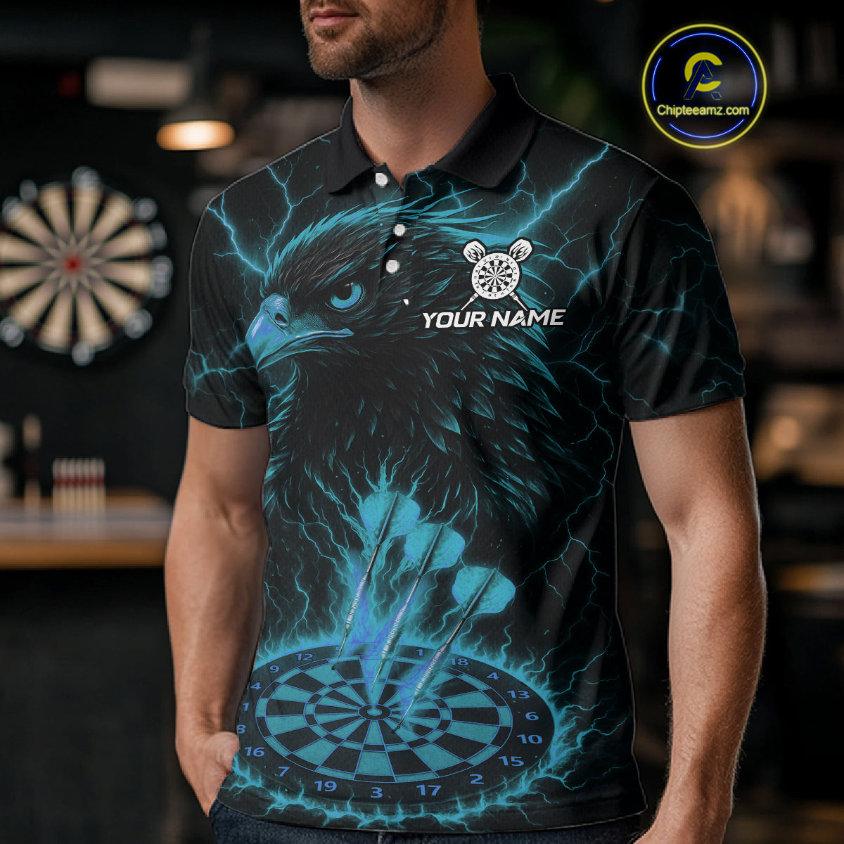 Personalized Lightning Eagle Dart Shirt Custom Blue Dartboard Dart Jerseys For Men NYN1224