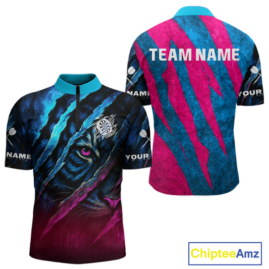 Blue & Pink Claw Scratch Fierce Tiger Darts Shirt For Men - Custom Team Name NYN0377