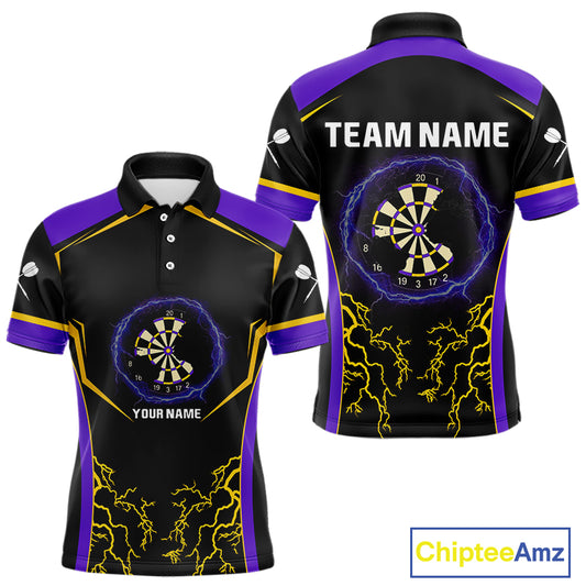 Yellow And Purple Lightning Scratched Dartboard Darts Shirt For Men - Custom Name NYN0383