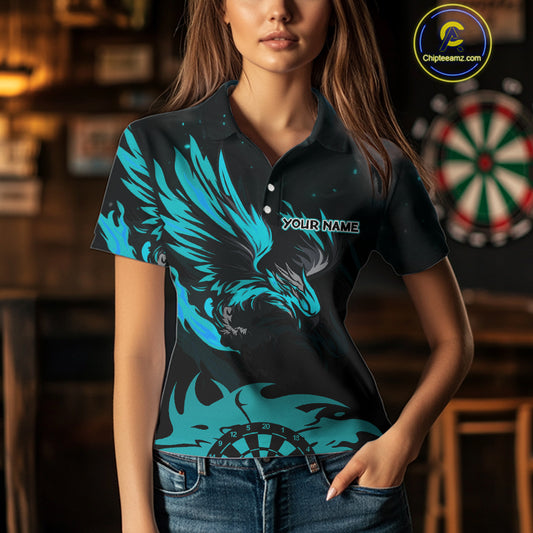 Turquoise Flames Eagle Dartboard Custom Polo Darts Jerseys For Women, Darts Team Shirt Uniform NYN0852
