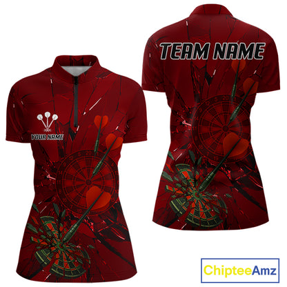 Cracked Dartboard Broken Glass Women's Darts Shirt Custom Name & Team | Opt2 - Red NYN0654