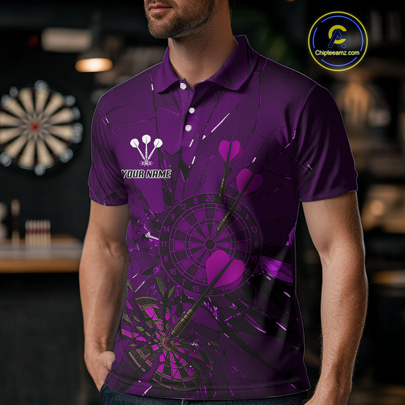 Cracked Dartboard Broken Glass Men's Darts Shirt Custom Name & Team | Opt3 - Purple NYN0655