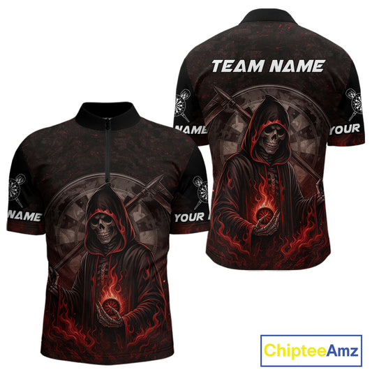 Custom Red Skull Dartboard Grunge 1/4-Zip Darts Jerseys For Men, Darts Team Shirt Uniform NYN0869