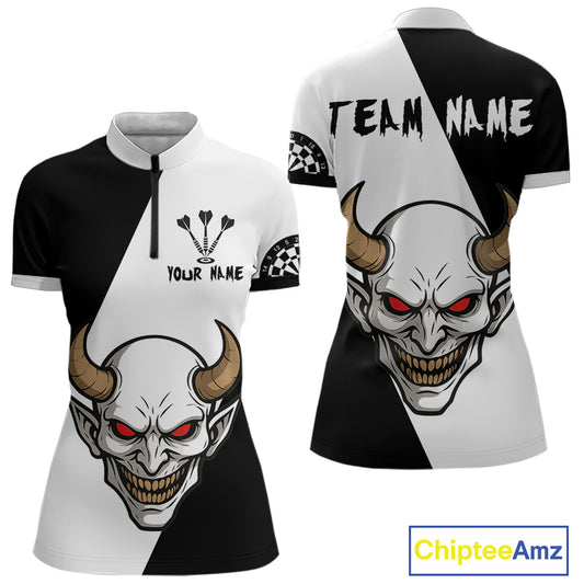White Evil Horned Skull Funny Darts Shirt For Women - Customizable Name & Team NYN0395