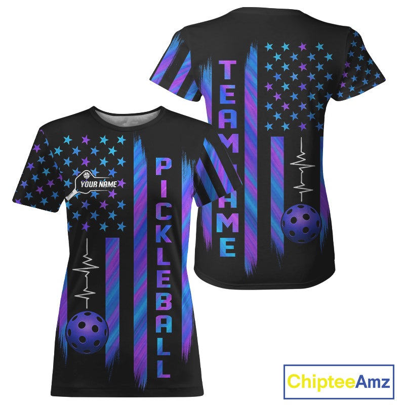 Custom Holographic Patriotic Pickleball T-Shirt For Women US Flag Pickleball Ball Jerseys NYN1271
