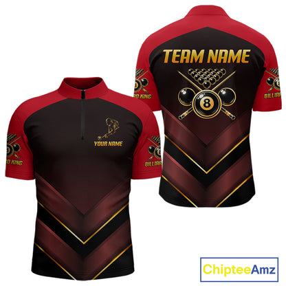 Custom Red Billiard Polo & Quarter-Zip Jerseys For Men Gold 8 Ball Pool Team Jersey NYN2314
