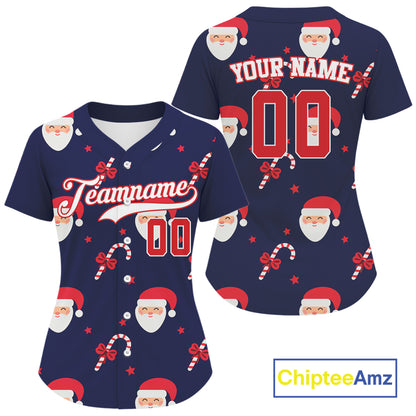 Custom Blue And Red Santa-Claus Christmas Women's Baseball Jersey Baseball Gifts For Xmas NYN1303