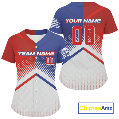Custom Blue And Red Splashed Baseball Jersey For Women American Flag Youth Baseball Shirt NYN1305