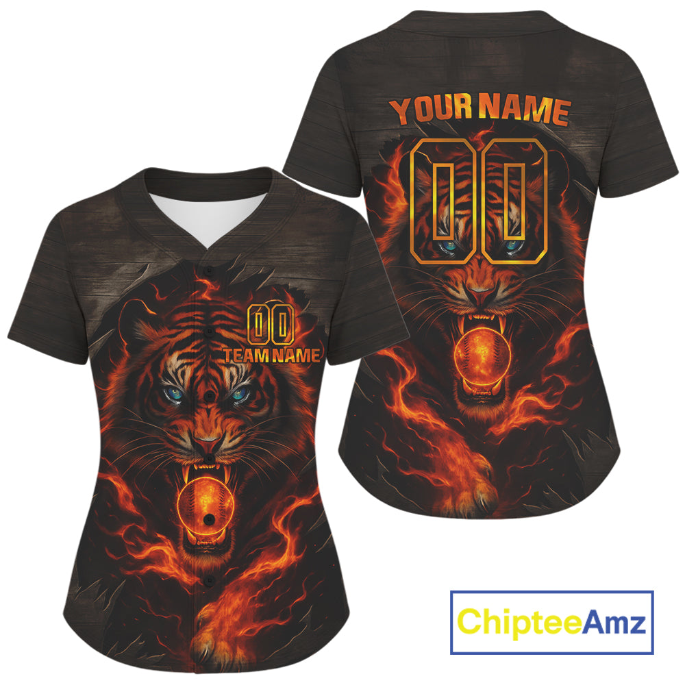 Custom Flame Tiger Baseball Ball Jersey For Women Youth Horror Baseball Shirt NYN1309