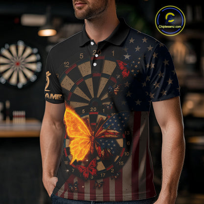 Custom Flame Butterflies Patriotic Polo Dart Shirt USA Flag Dartboard Dart Jersey For Men NYN1315