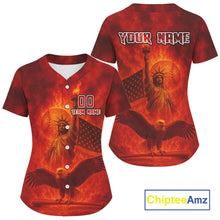 Load image into Gallery viewer, Custom Red Flames Eagle Patriotic Baseball Jerseys For Women Outfits US Flag Baseball Shirt NYN0920