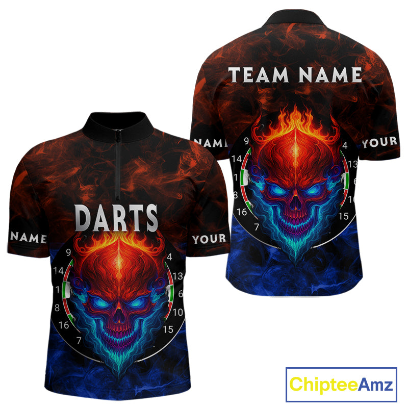 Flame Skull Dartboard Men's Darts Quarter-Zip Shirt - Custom Name For Players NYN0745