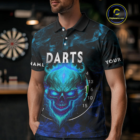 Flame Skull Dartboard Men's Darts Polo  Shirt - Custom Name For Players NYN0746