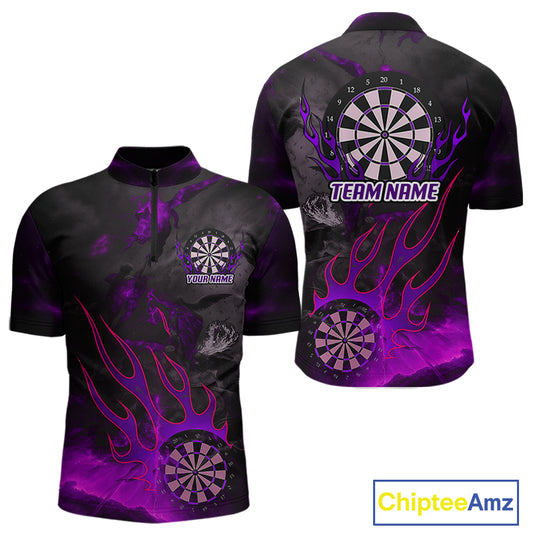 Flaming Dartboard Grunge Custom Purple Dart 1/4-Zip Shirts For Men, Dart Team Jerseys NYN0794