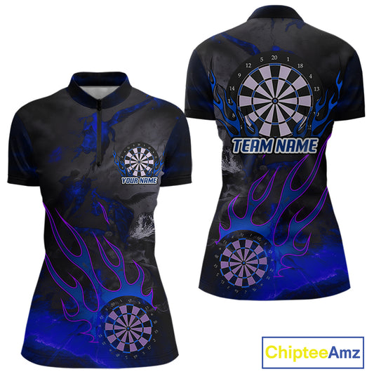 Flaming Dartboard Grunge Custom Blue Dart 1/4-Zip Shirts For Women, Dart Team Jerseys NYN0795
