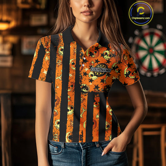 Pumpkin & Dartboard Custom Funny Halloween Dart Polo Shirts For Women, Dart Team Jerseys NYN0805