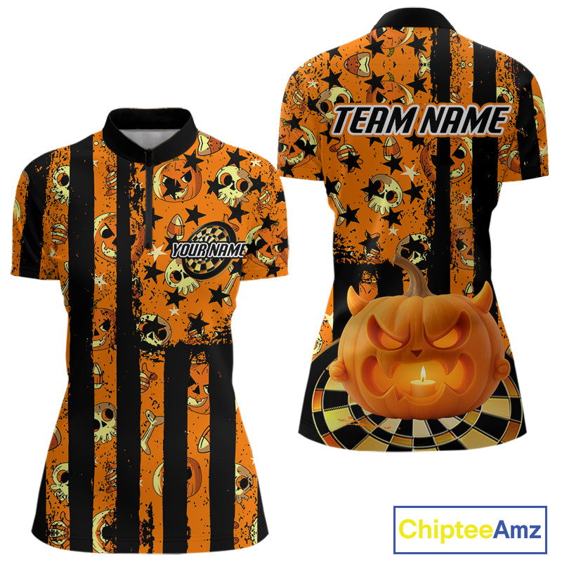 Pumpkin & Dartboard Custom Funny Halloween Dart 1/4-Zip Shirts For Women, Dart Team Jerseys NYN0805