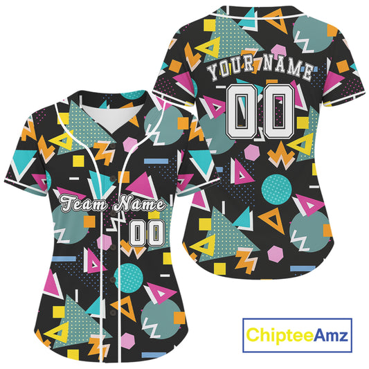 Retro 80S Memphis Baseball Jersey For Women Custom Colorful Geometric Baseball Shirt Outfits NYN0876
