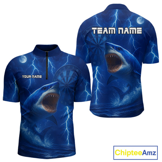 Custom Shark Dark Blue Lightning Dartboard Darts 1/4-Zip Shirt For Men Darts Team Jersey NYN0966
