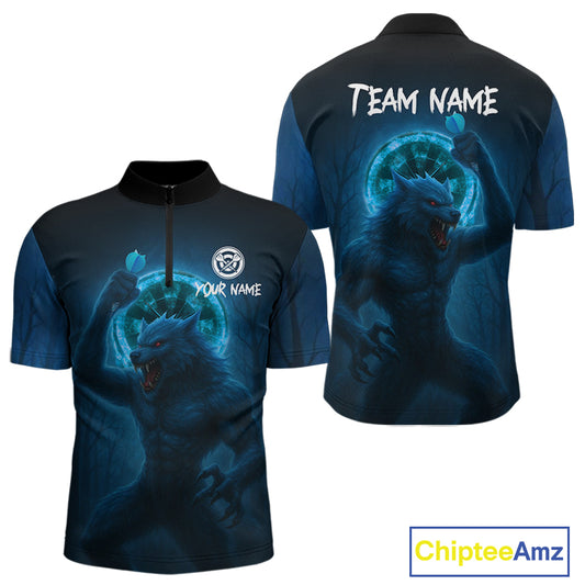Men's Custom Dart Shirt With Blue Wolf, Red Eyes And Lightning Dartboard NYN0251