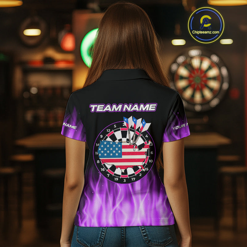 Custom Purple Flames Patriotic Dart Shirt For Women American Flag Dart Team Jerseys NYN1053